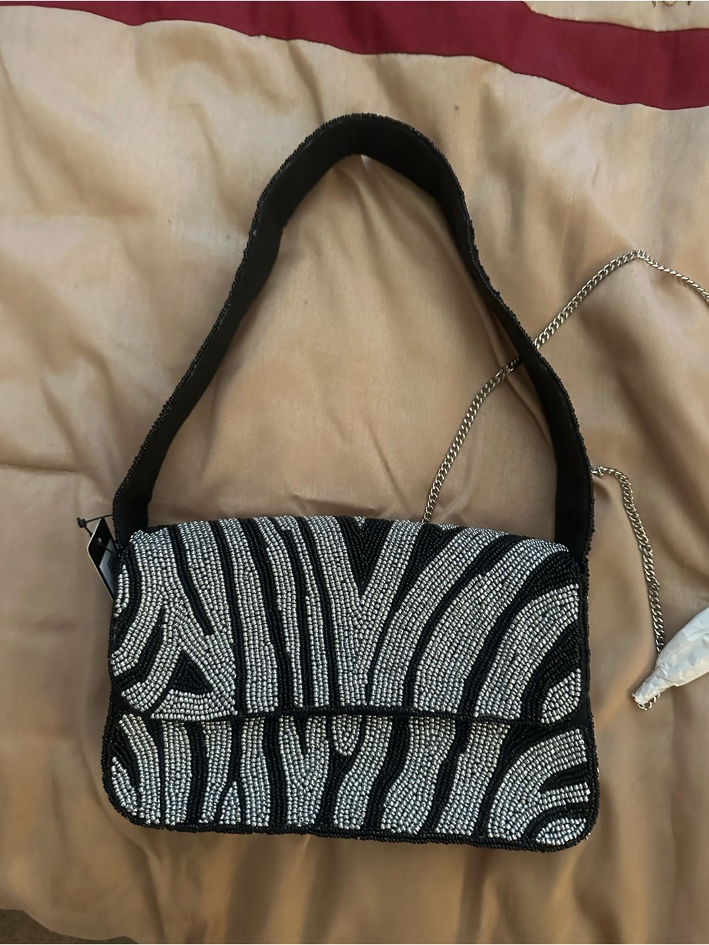 Lulu's Black and Silver Beaded Zebra Shoulder Bag
